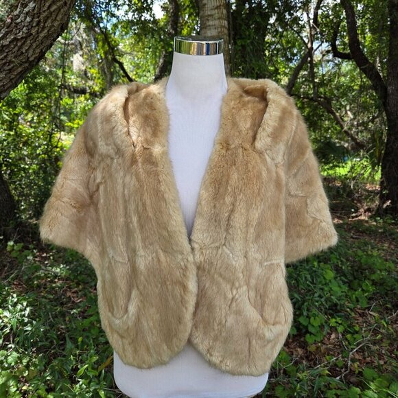 Macys VTG Genuine Mink Fur Stole Wrap Cape Light Brown Lined Collar Pockets - Picture 2 of 13